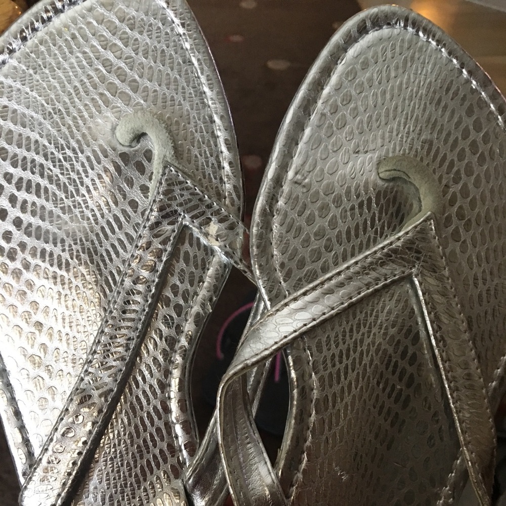 Silver snake skin flat flip flops